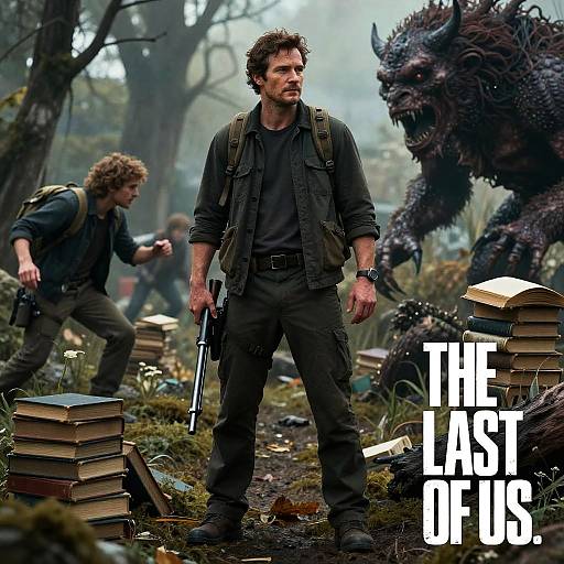 Photograph-style movie poster: rugged man with backpack, gun, and black clothes stands in misty forest, facing fierce, horned beast; two