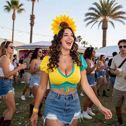 Photograph of a joyful woman with curly brown hair, wearing a sunflower headband, yellow-green crop top, and denim shorts, dancing outdoors at