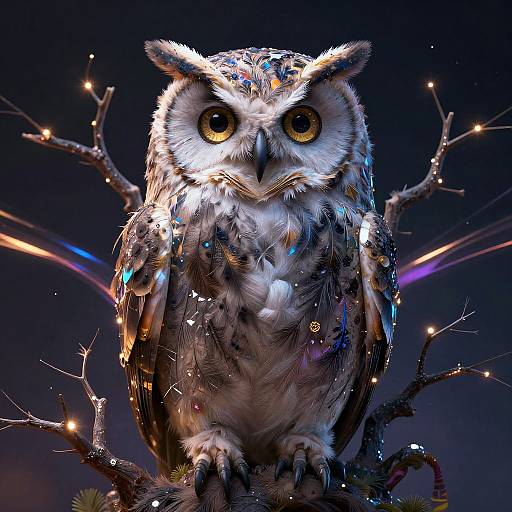 Digital art of a glowing, detailed owl with iridescent feathers, large yellow eyes, perched on a branch adorned with twinkling lights against a