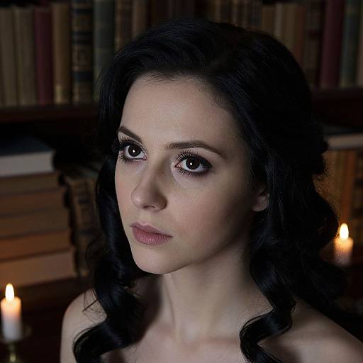 Photograph of a pale-skinned woman with dark, wavy hair, large brown eyes, and subtle makeup, standing in a dimly lit library