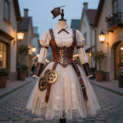 Steampunk dress mannequin in a cobblestone alleyway at dusk, featuring white lace, brown leather, brass gears, and a top
