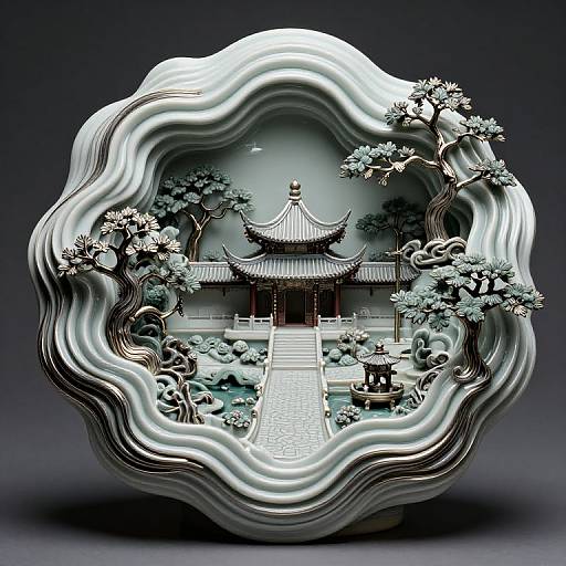 Digital artwork of a traditional East Asian temple framed by a wavy, silver sculpture, featuring trees, a pond, and stone lantern.
