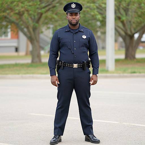 Photograph of a muscular Black male police officer standing confidently in a dark navy uniform, hat, and belt, with a serious expression, in an outdoor