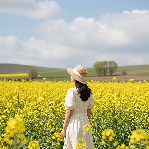 Photograph of a woman in a white dress and straw hat, standing in a vibrant yellow wildflower field under a bright blue sky.