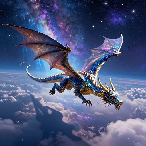 Digital art of a vibrant blue and gold dragon with translucent wings soaring through a starry, cosmic sky above fluffy clouds.