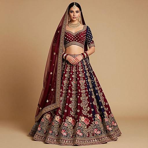 Photograph of a South Asian bride in a maroon and navy blue floral embroidered lehenga, crop top, and veil, adorned with gold jewelry against