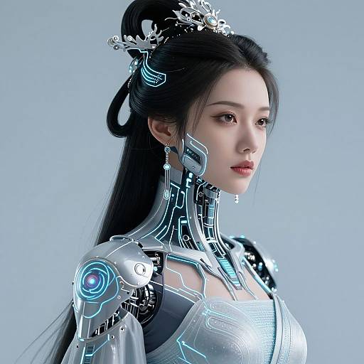 CGI portrait of an East Asian woman with long black hair, wearing a futuristic, glowing cybernetic suit, against a blue background.