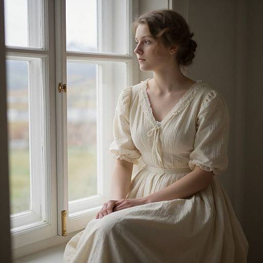 Photograph of a young woman with fair skin and brown hair in a vintage cream dress, sitting by a sunlit window, gazing outside. Soft