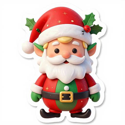 Cute, cartoon-style digital Santa Claus with red hat, white beard, green pants, black belt, and holly accessory, standing against white background