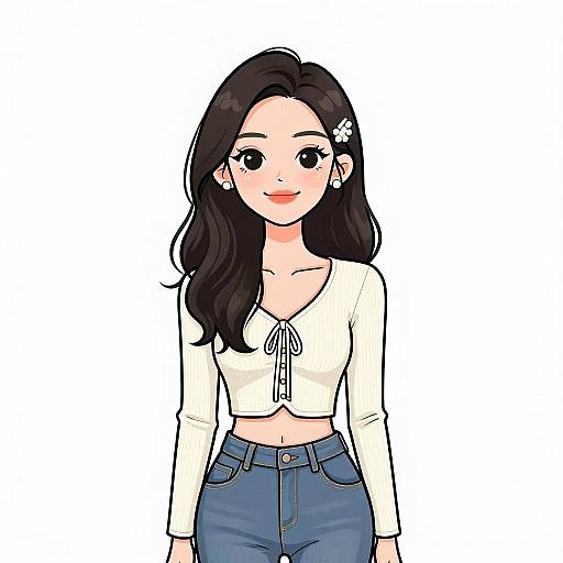 Digital anime-style drawing of a smiling young woman with long black hair, white crop top, blue jeans, and a small flower hairpin.