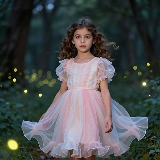 Photograph of a young girl with wavy brown hair, wearing a white and pink, ruffled, sheer dress, standing in a dark, enchanted