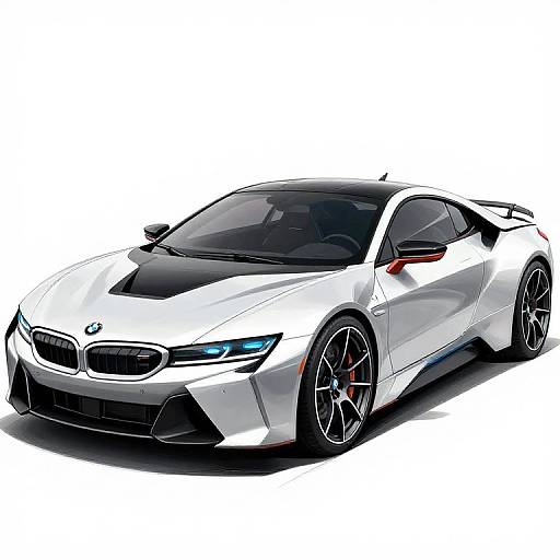 Digital drawing of a white BMW sports car with black accents, blue headlights, and red brake calipers, angled to the right.