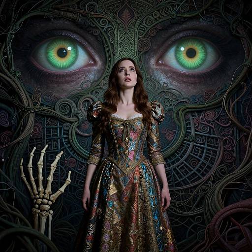 Digital art: Fair-skinned woman in ornate, colorful gown stands before large, glowing green eyes on dark, intricate patterned background with skeletal hand