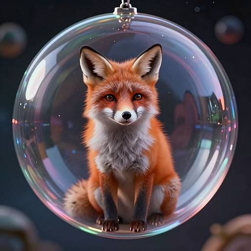 Photorealistic digital artwork of a cute red fox with vivid orange fur and white chest, sitting inside a transparent, glowing bubble against a dark, star