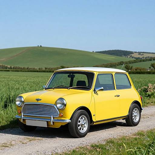 Vibrant Yellow Mini Cooper in Countryside