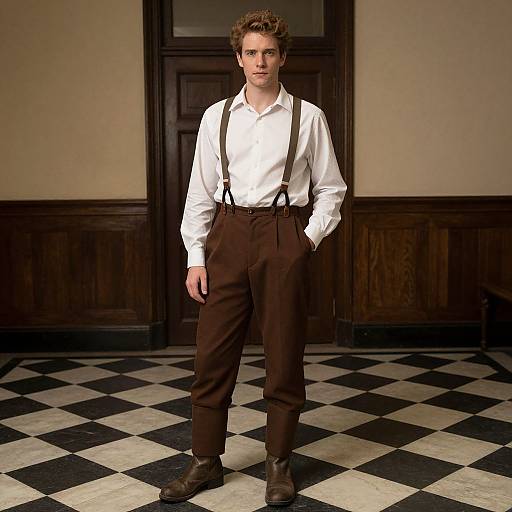 Photograph of a young man with curly brown hair, wearing a white shirt, brown suspenders, and high-waisted pants, standing on black