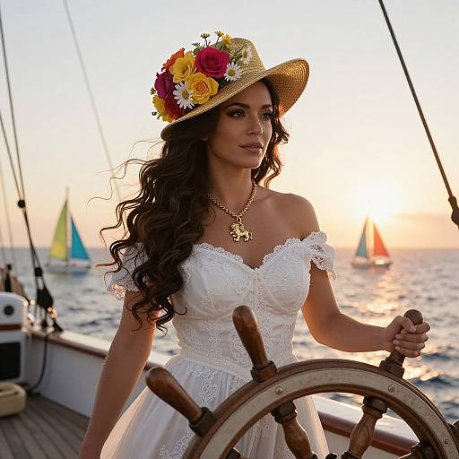 Photograph of a beautiful woman with long curly brown hair, wearing a white lace off-shoulder wedding dress and a floral straw hat, standing on