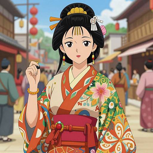 Digital anime-style illustration of a Japanese woman in a colorful kimono, adorned with floral patterns, standing in a bustling market street with red lanterns and