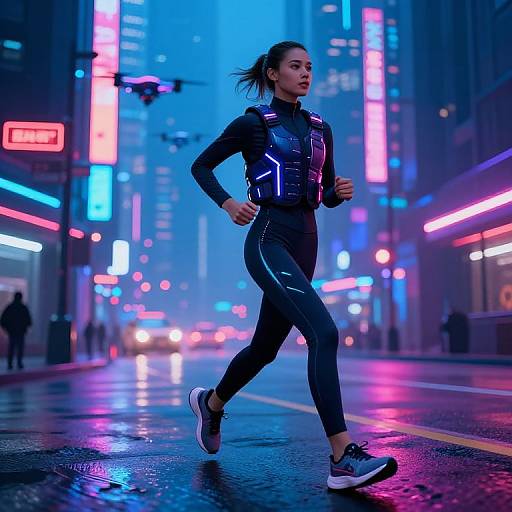Digital artwork of a determined woman jogging in a neon-lit, rainy urban street at night, wearing a black, glossy athletic jumpsuit and sneakers,