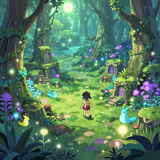 Whimsical forest scene, digital art: a girl in a red dress stands amidst glowing flowers, fairy lights, and tiny houses, surrounded by enchanted