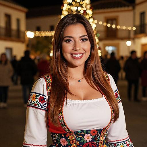 Photograph of a smiling woman with long brown hair, wearing a white blouse with colorful floral embroidery, standing in a festive, warmly lit town square at