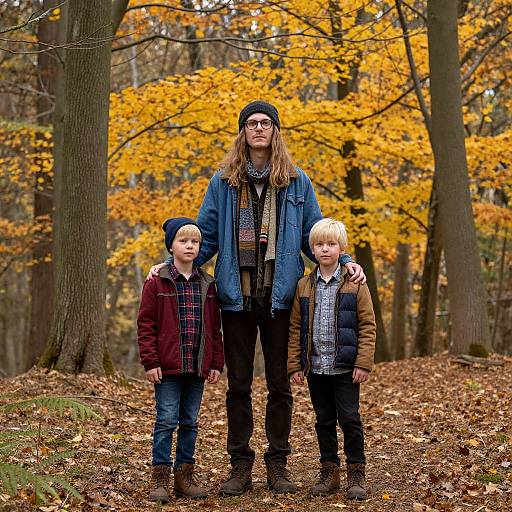 Photograph of a woman with long brown hair, glasses, and blue jacket, standing in a forest with autumn yellow leaves, flanked by two children