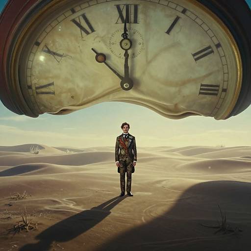 Photorealistic digital art: Small, steampunk soldier stands under a massive, oversized clock face in a vast, sunlit desert.