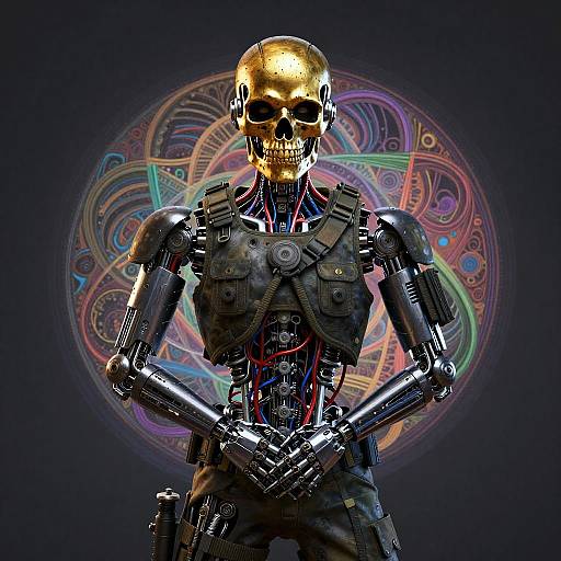 Gold Skull Mechanical Soldier with Mandala Background