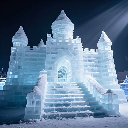Photograph of a glowing, intricate ice castle at night, featuring blue-lit turrets, archway, and detailed stone-like patterns, with snow