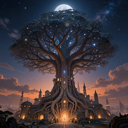 Fantastical digital painting of a glowing, star-filled giant tree with intertwined roots surrounding a magical, illuminated castle under a full moon.