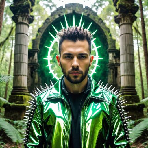 Man in Green Metallic Jacket with Spikes in Forest Ruins