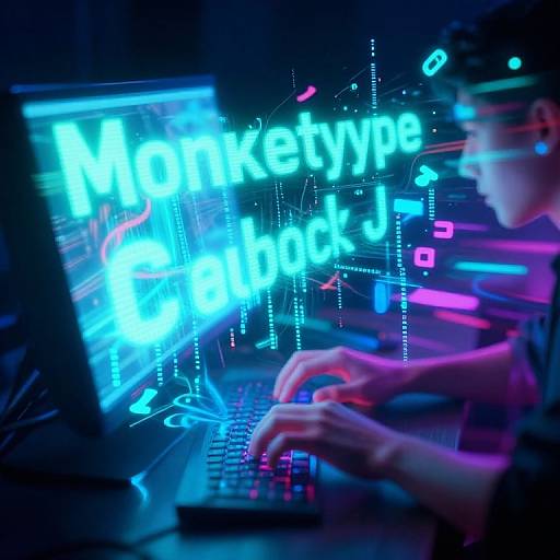 Photograph of a person typing on a glowing blue and pink-lit laptop, with 