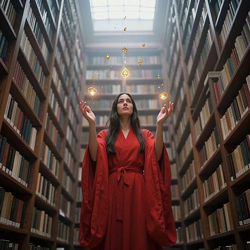 Photograph of a woman with long black hair in a red kimono, standing in a library between tall bookshelves, conjuring glowing, floating