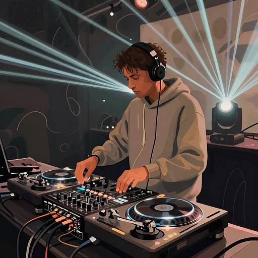 Photograph of a young man with curly brown hair, wearing a gray hoodie and headphones, DJing with two turntables and a mixer in a dim
