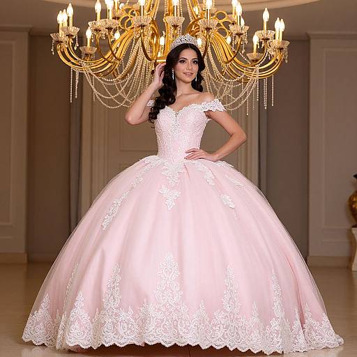 Photograph of a smiling woman with long black hair, wearing an elegant white lace wedding gown with a full skirt, standing under a golden chandelier in