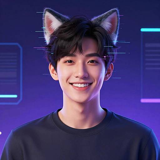 Digital portrait of a smiling Asian teenage boy with black cat ears, black hair, and wearing a black shirt, against a blue neon-lit background.