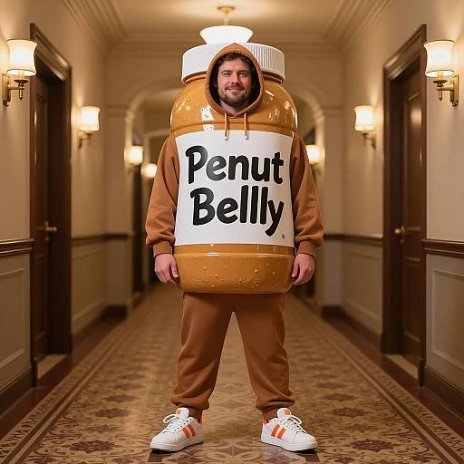 Man in Peanut Butter Jar Costume in Ornate Hallway
