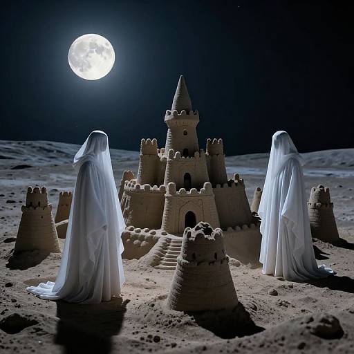 Photograph of a sandy castle under a full moon, illuminated by moonlight. Two ghostly figures in white cloaks stand on either side of the
