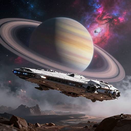 Digital artwork of a futuristic spaceship flying near a massive, ringed planet with colorful nebulae and mountains in the foreground.