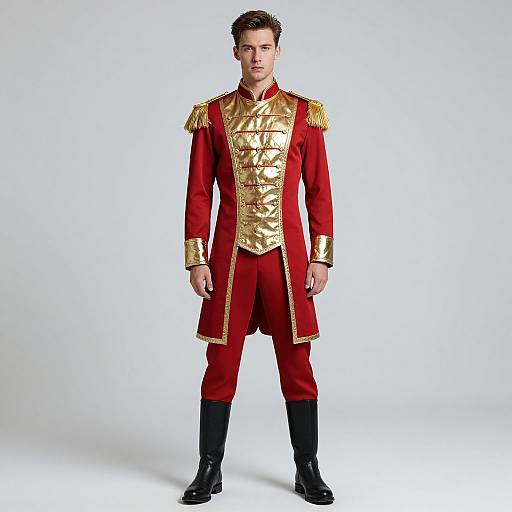 Photograph of a young Caucasian man in a red and gold military-style uniform with gold epaulettes and black boots, standing against a white background