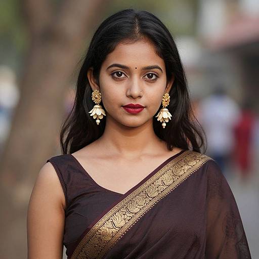 Photograph of an Indian woman with medium brown skin, black hair, red lipstick, wearing a black saree with gold trim, and ornate gold