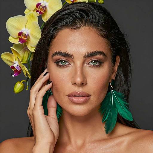 Portrait of woman with yellow orchids and green feather earrings