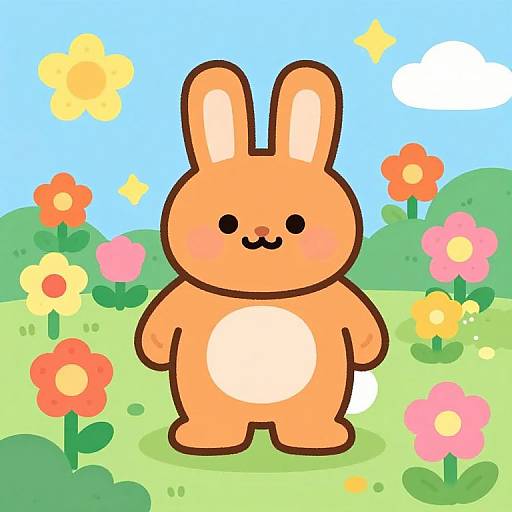 Cute digital drawing of a chubby orange bunny with a white belly, standing in a colorful, sunny meadow with flowers and clouds.