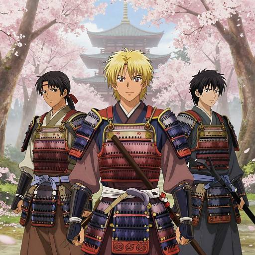 Blond Samurai Men in Cherry Blossoms