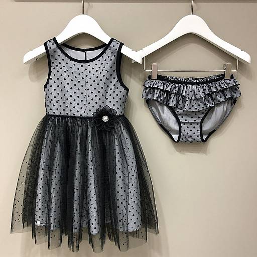 Photograph of a black and white polka dot children's dress with a sheer tulle skirt and matching ruffled panties, hanging on white hangers