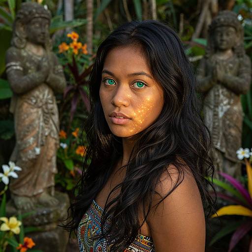 Photograph of a young Black woman with long, wavy black hair, green eyes, and glowing orange freckles, wearing a beaded top