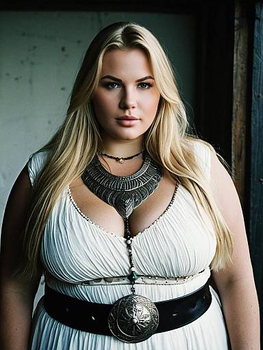 Plus Size Blonde Woman in White Dress with Statement Jewelry