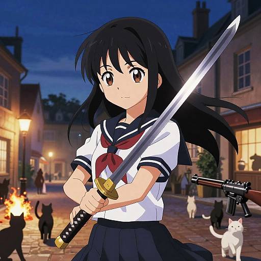 Anime-style drawing of a black-haired girl in a sailor school uniform holding a sword on a nighttime street with cats, fire, and buildings.