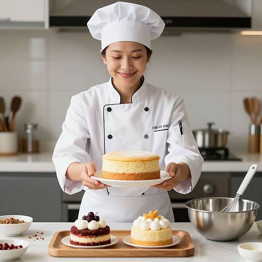 Cheerful Baker with Vanilla Cake