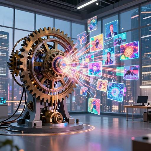 Photograph of a futuristic, gear-shaped laser projector emitting glowing, holographic portraits of diverse individuals against a cityscape window background.